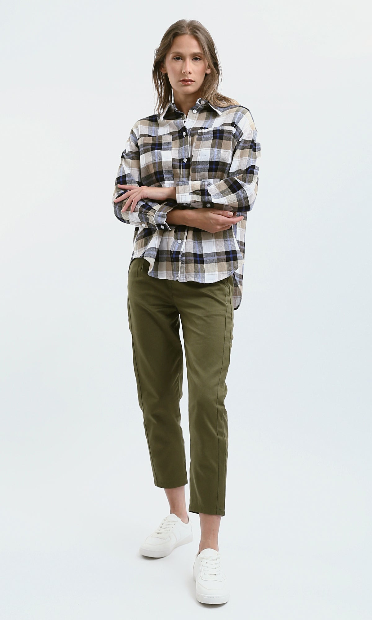 O179132 Long Sleeves Beige & White Tartan Summer Shirt