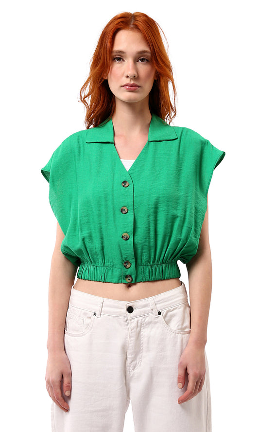 O179141 Deep V-Neck Buttoned Green Short Shirt