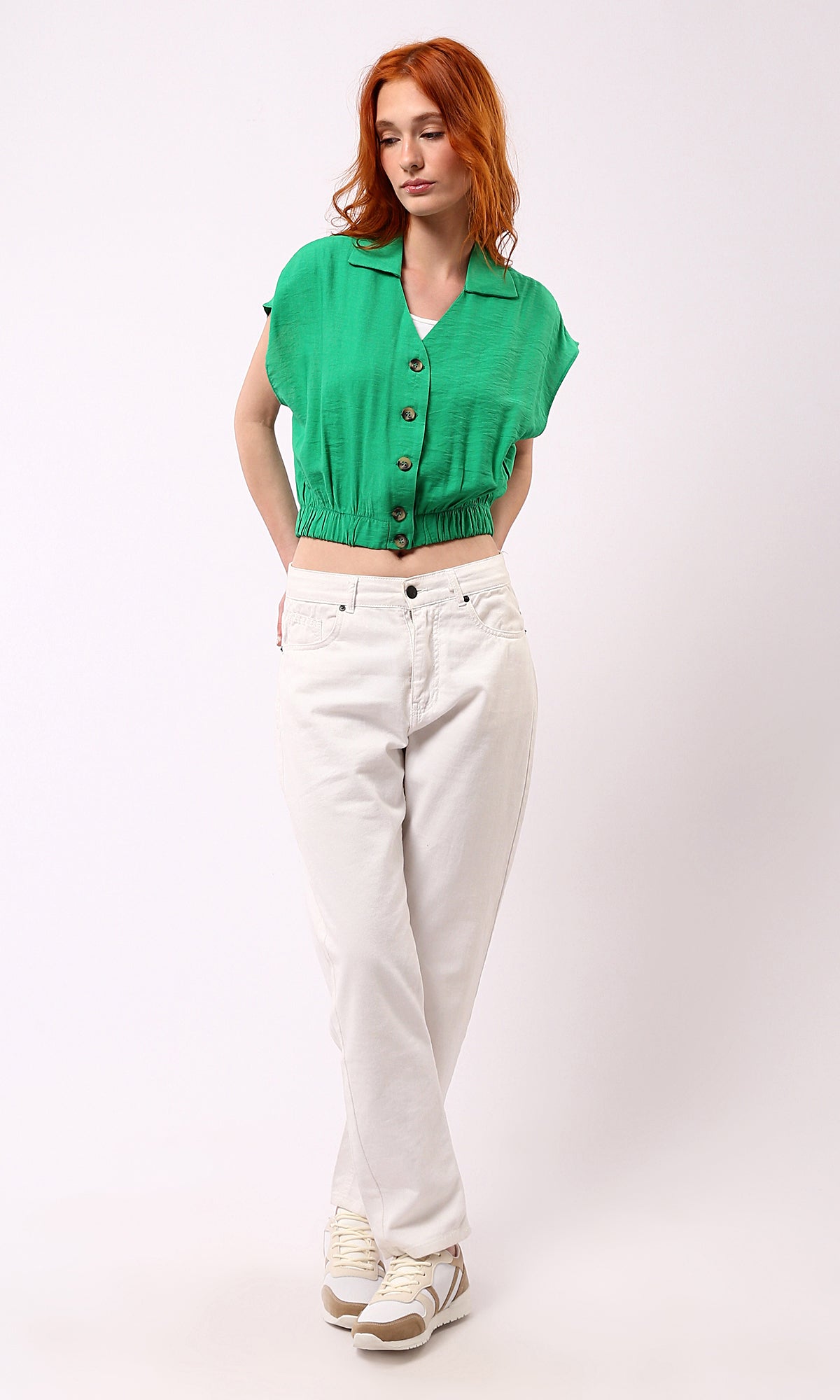 O179141 Deep V-Neck Buttoned Green Short Shirt