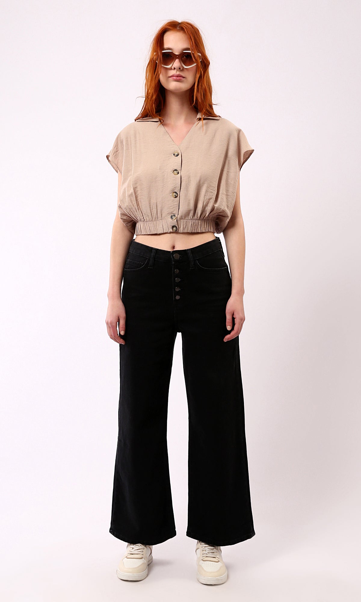 O179142 Light Coffee Cap Sleeves Buttoned Shirt With Hem