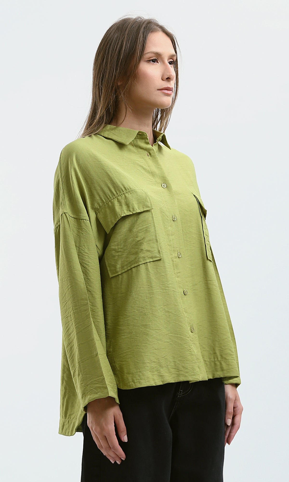 O179148 Drop-Shoulders Solid Apple Green Buttoned Shirt