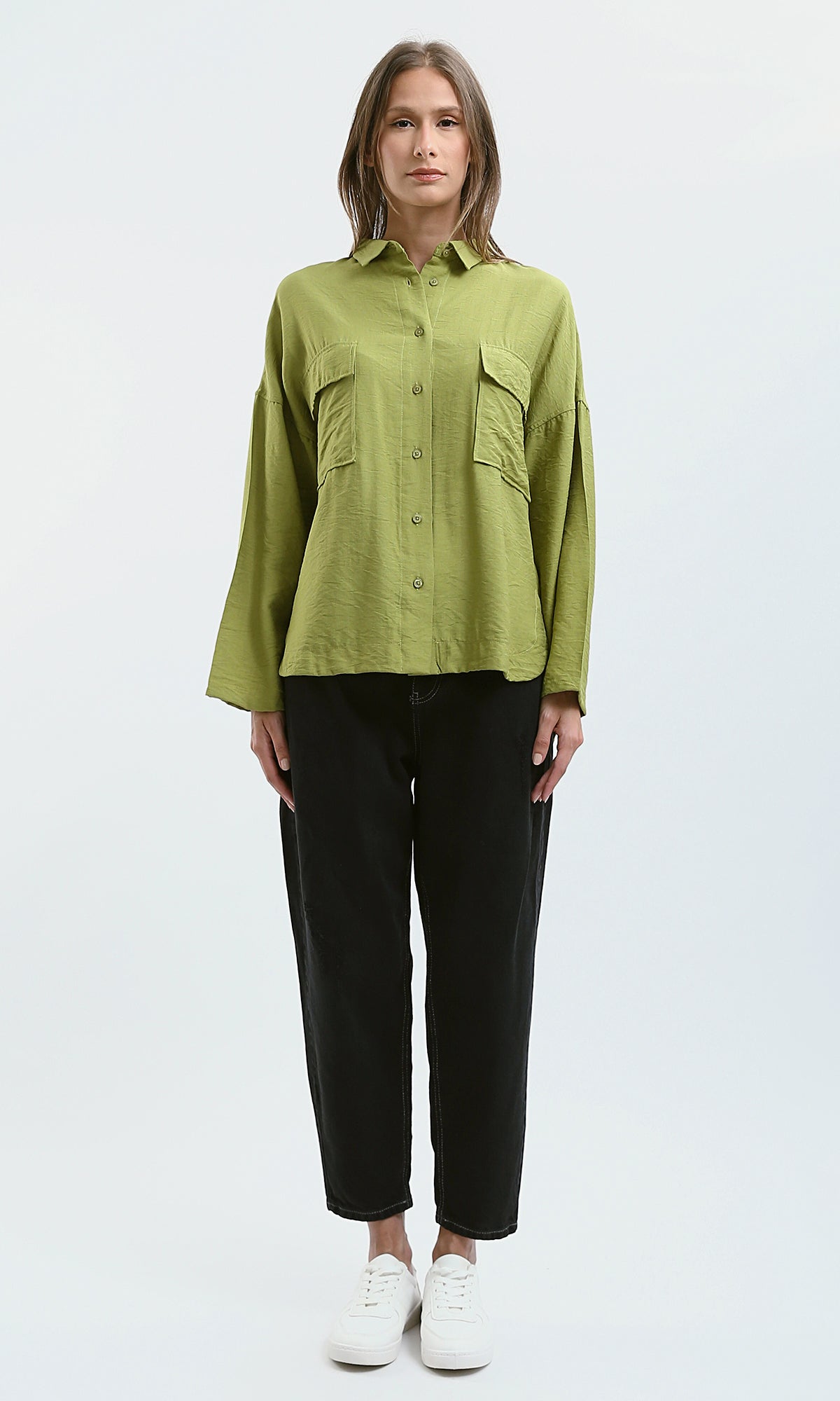 O179148 Drop-Shoulders Solid Apple Green Buttoned Shirt