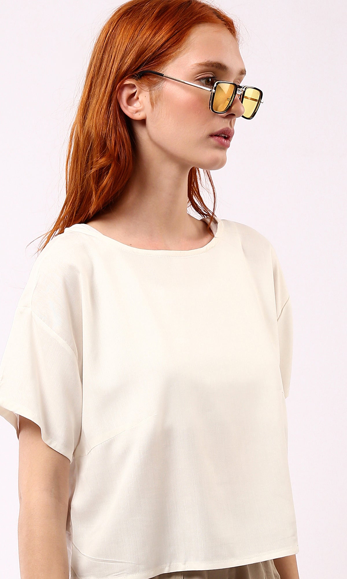 O179176 Wide Round Neck Solid Pastel Beige Blouse