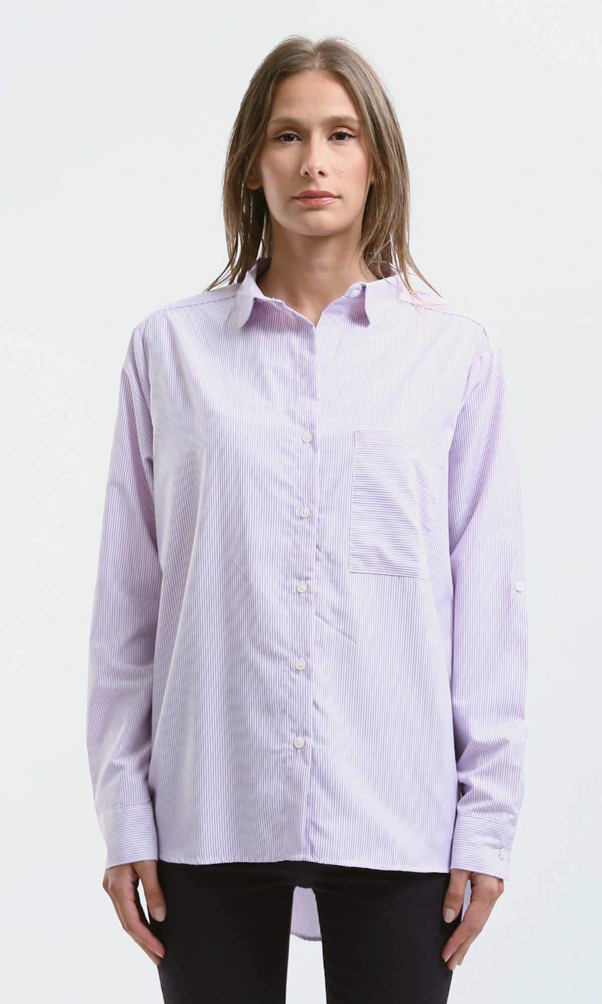 O179178 High-Low Striped Light Purple & White Casual Shirt