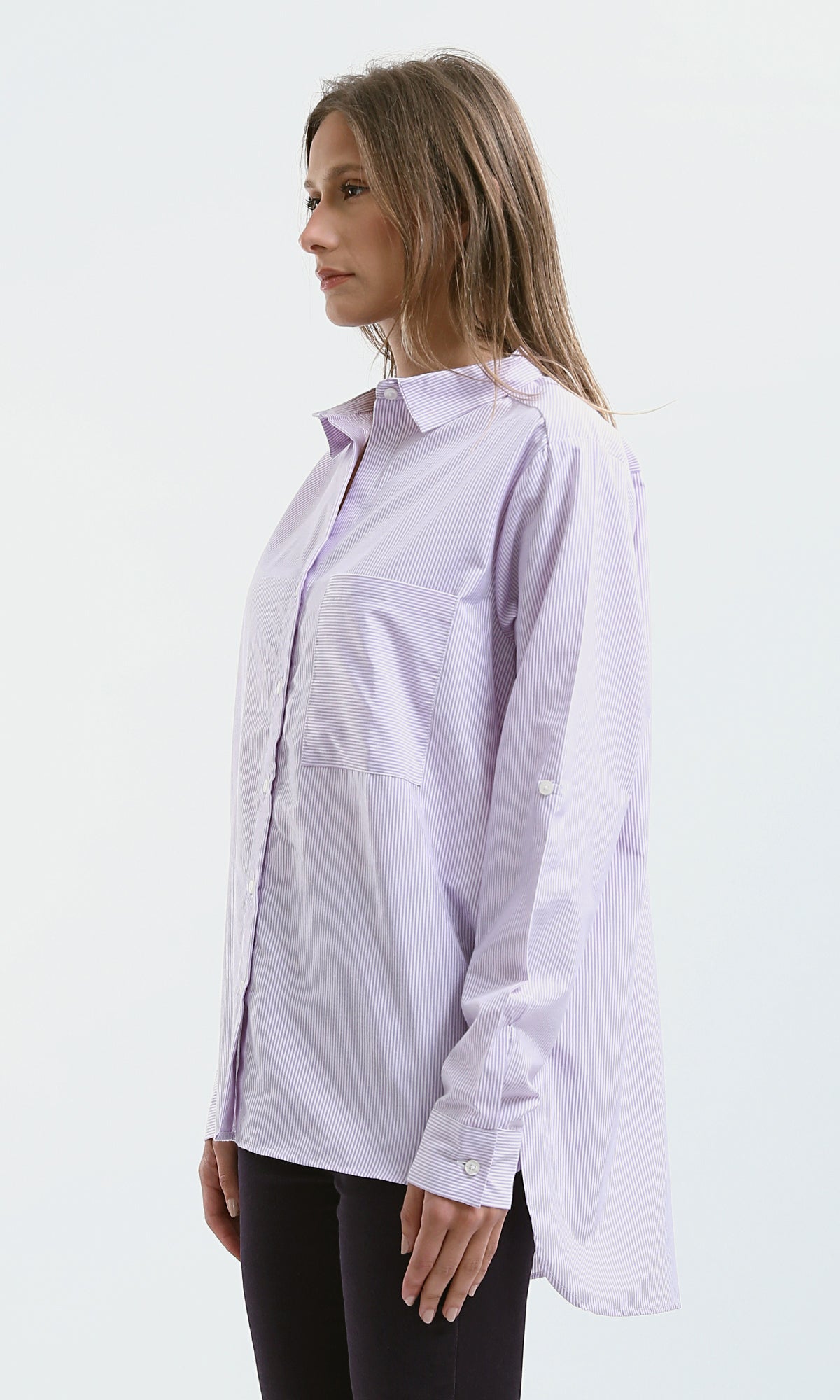 O179178 High-Low Striped Light Purple & White Casual Shirt