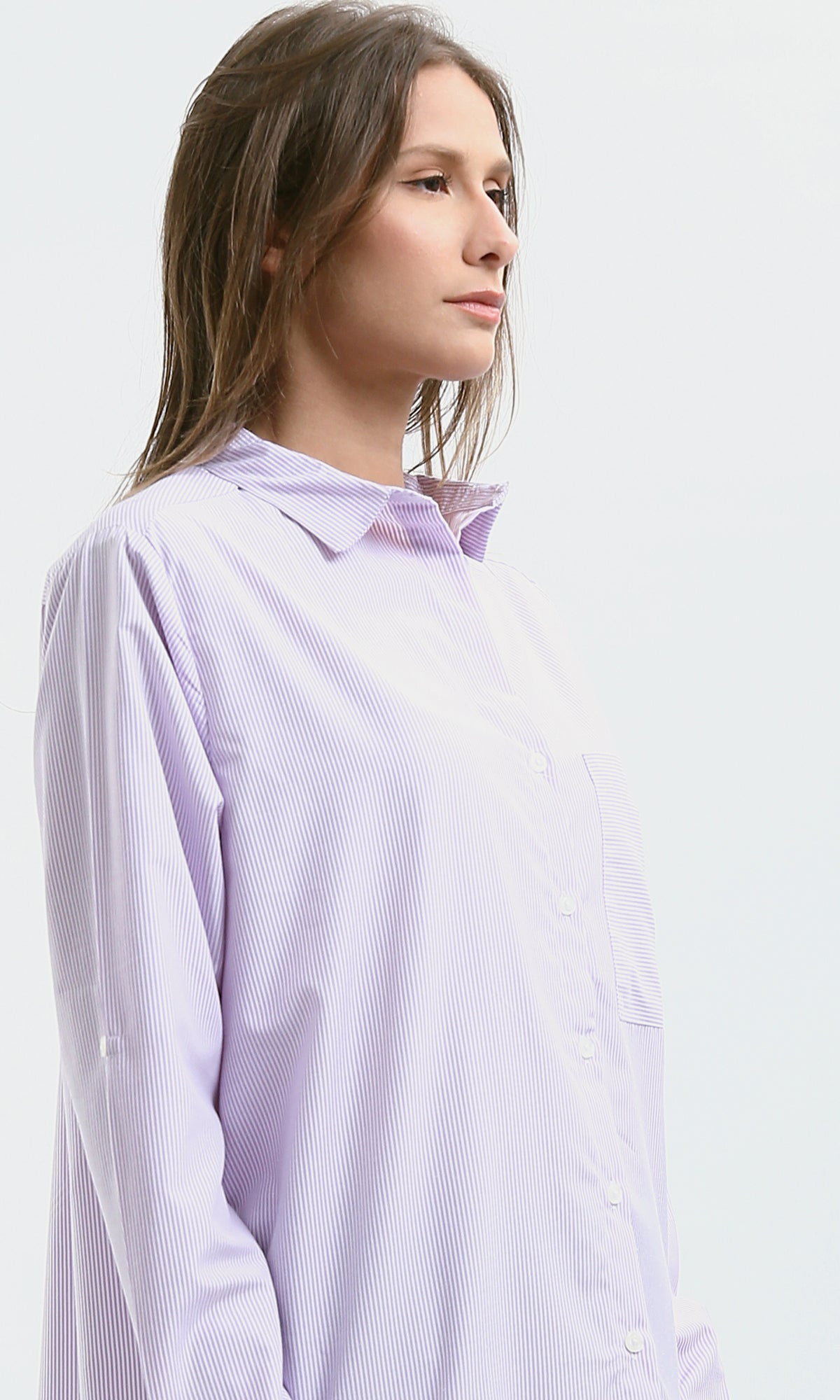 O179178 High-Low Striped Light Purple & White Casual Shirt