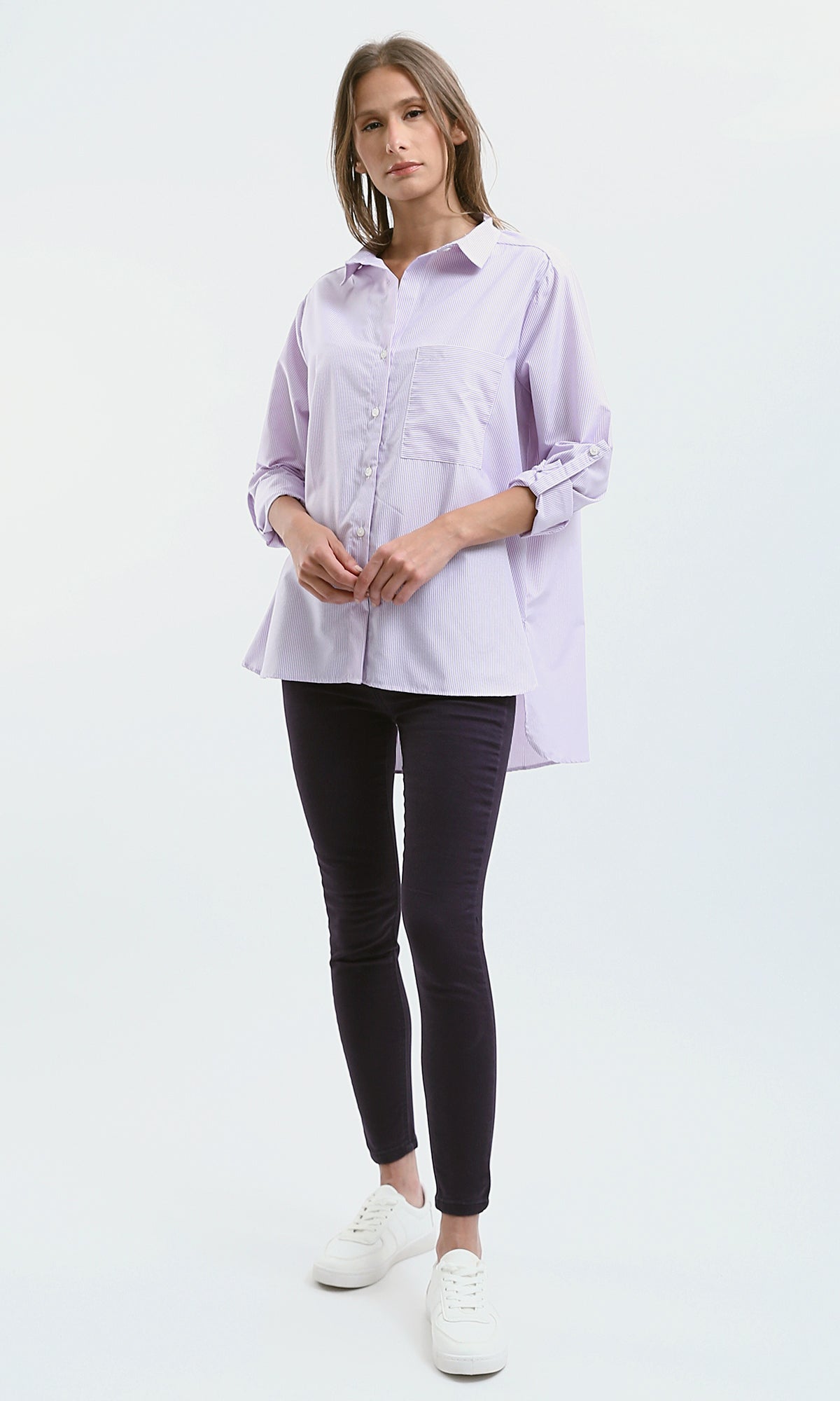 O179178 High-Low Striped Light Purple & White Casual Shirt