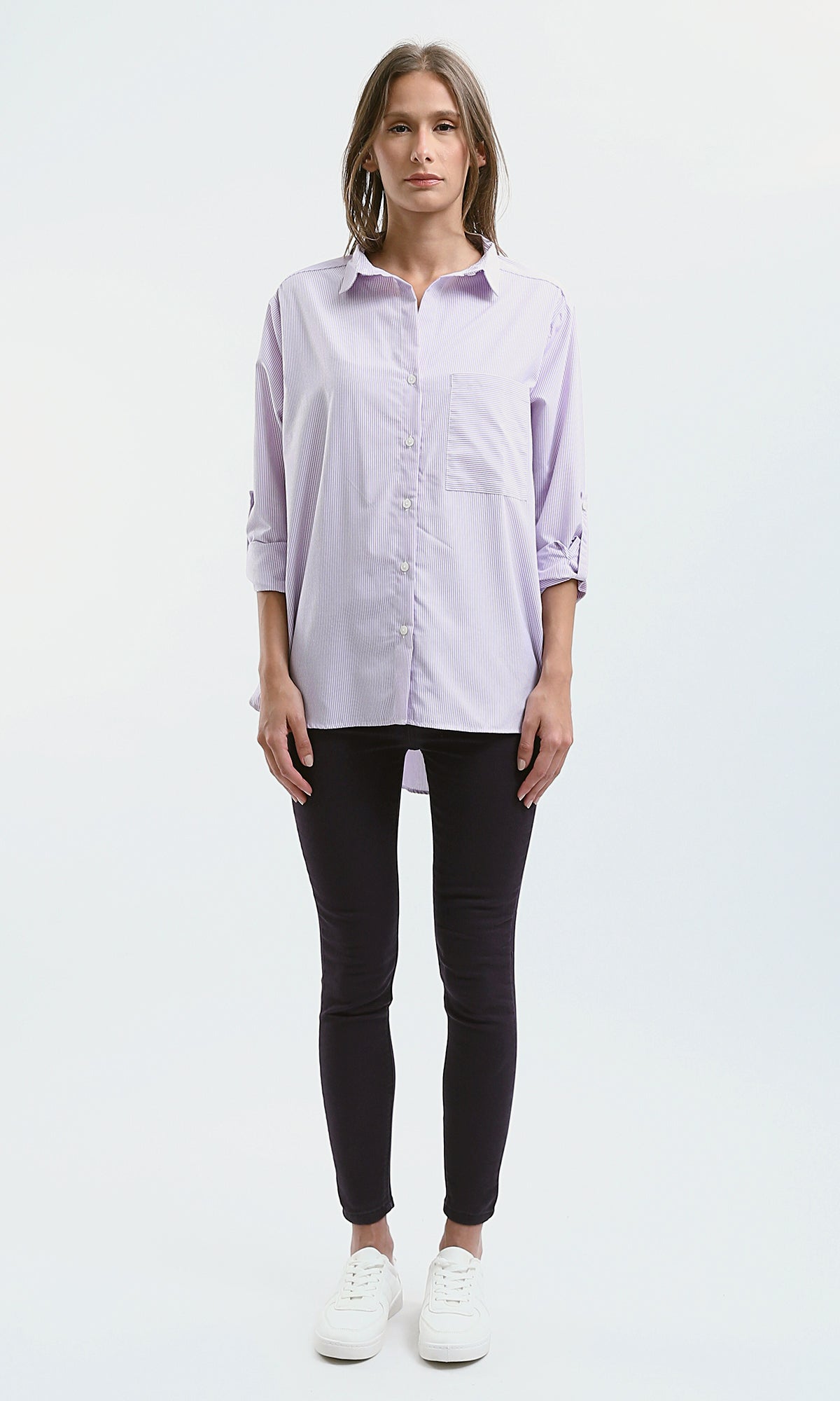 O179178 High-Low Striped Light Purple & White Casual Shirt