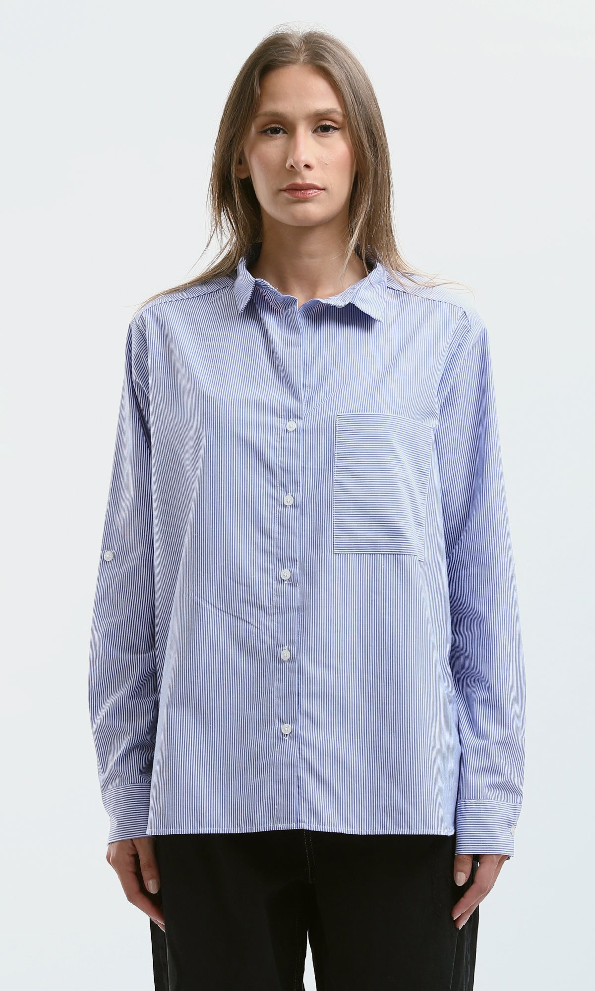O179180 Long Sleeves Striped Dark Blue & White Loose Shirt