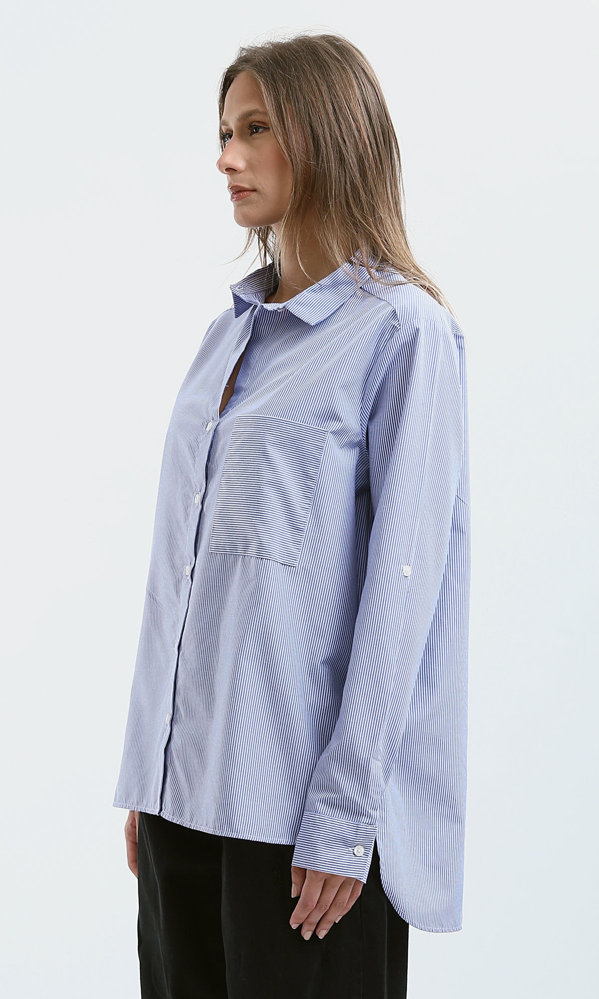 O179180 Long Sleeves Striped Dark Blue & White Loose Shirt