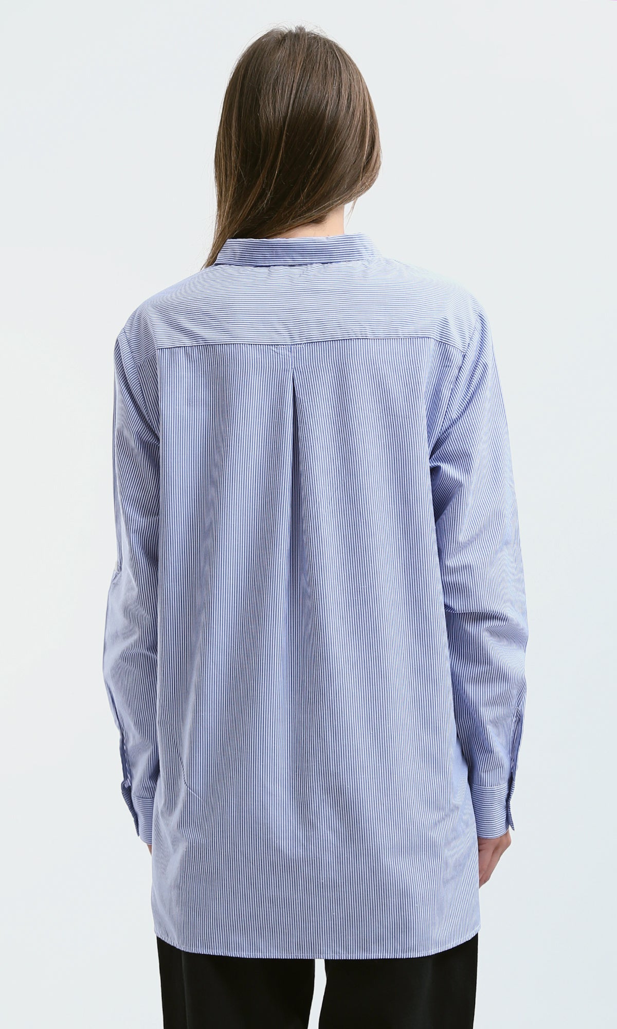 O179180 Long Sleeves Striped Dark Blue & White Loose Shirt