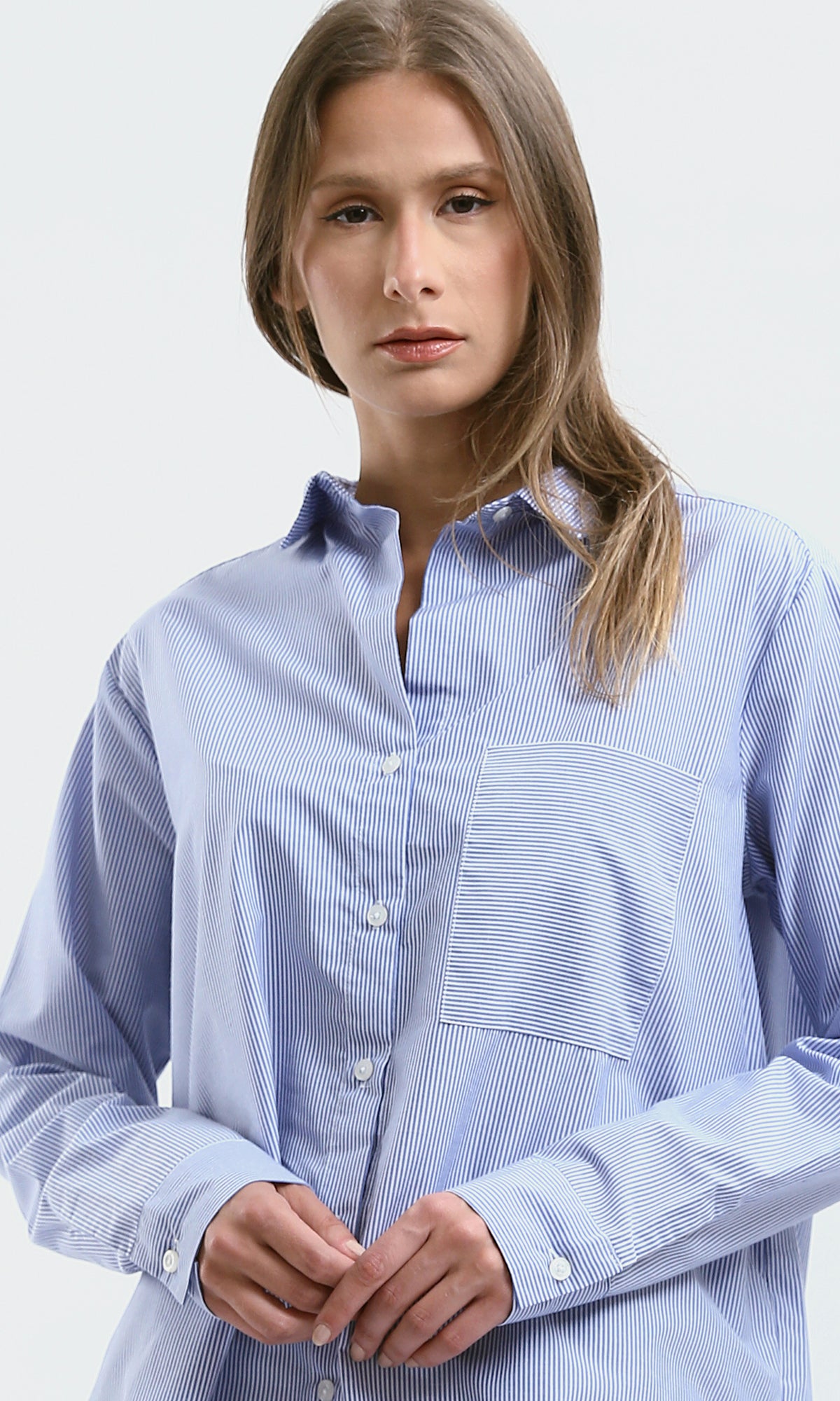O179180 Long Sleeves Striped Dark Blue & White Loose Shirt