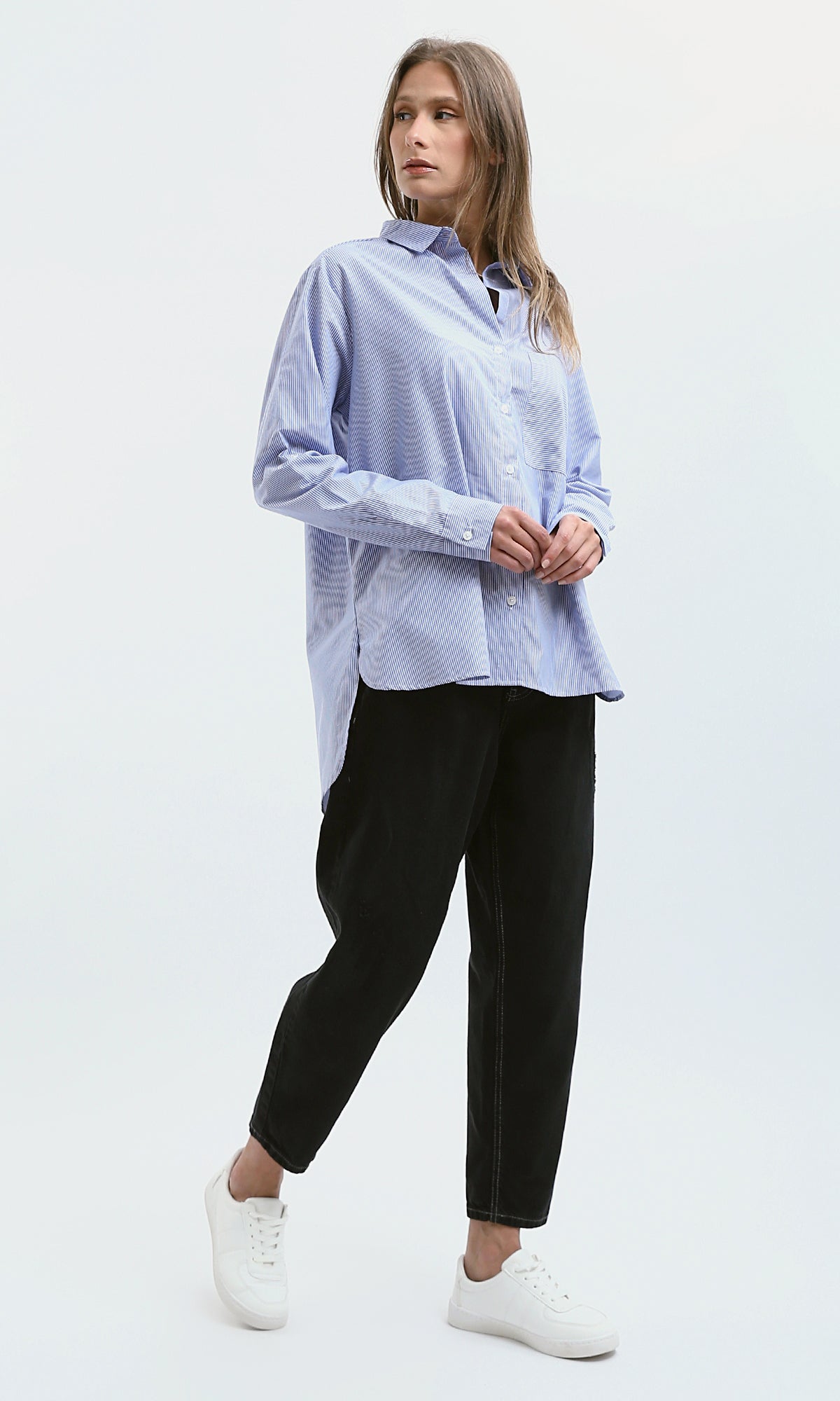 O179180 Long Sleeves Striped Dark Blue & White Loose Shirt