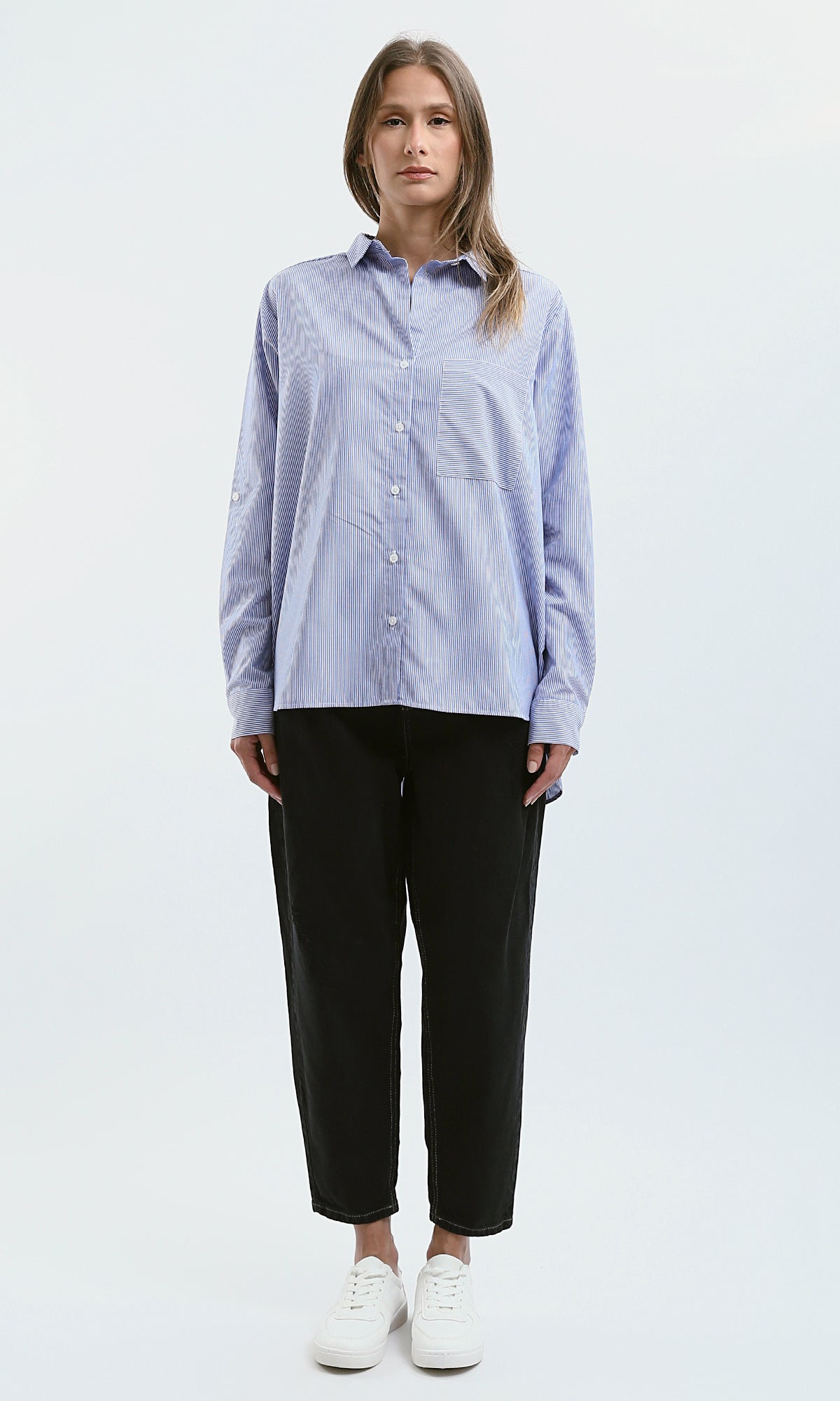 O179180 Long Sleeves Striped Dark Blue & White Loose Shirt