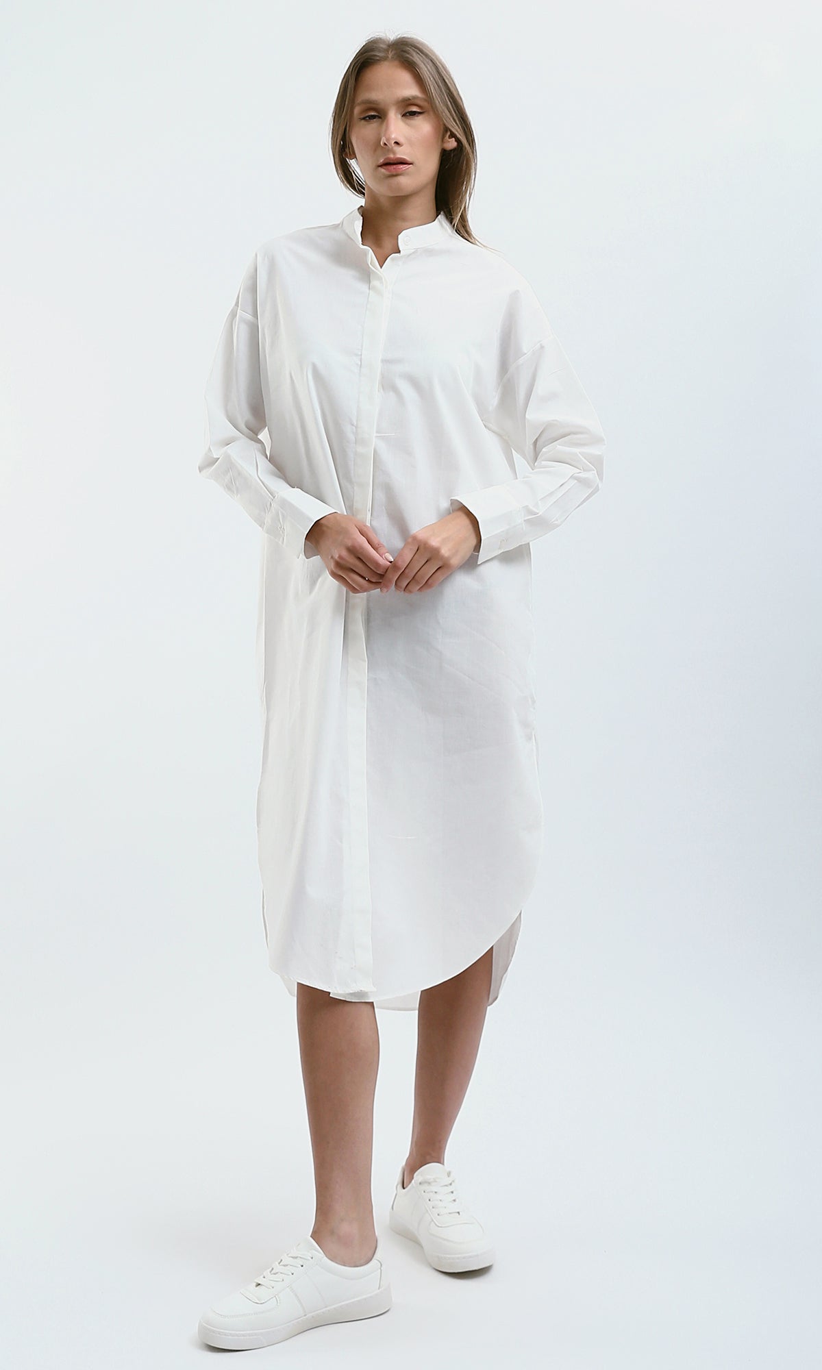 O179181 Off-White Solid Shirt Dress With Hidden Buttons