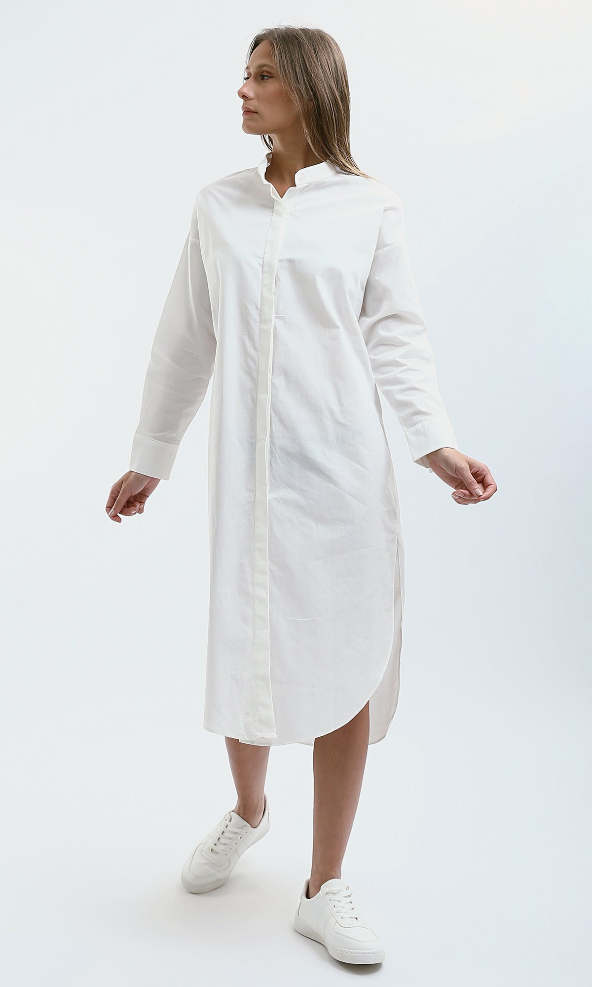 O179181 Off-White Solid Shirt Dress With Hidden Buttons