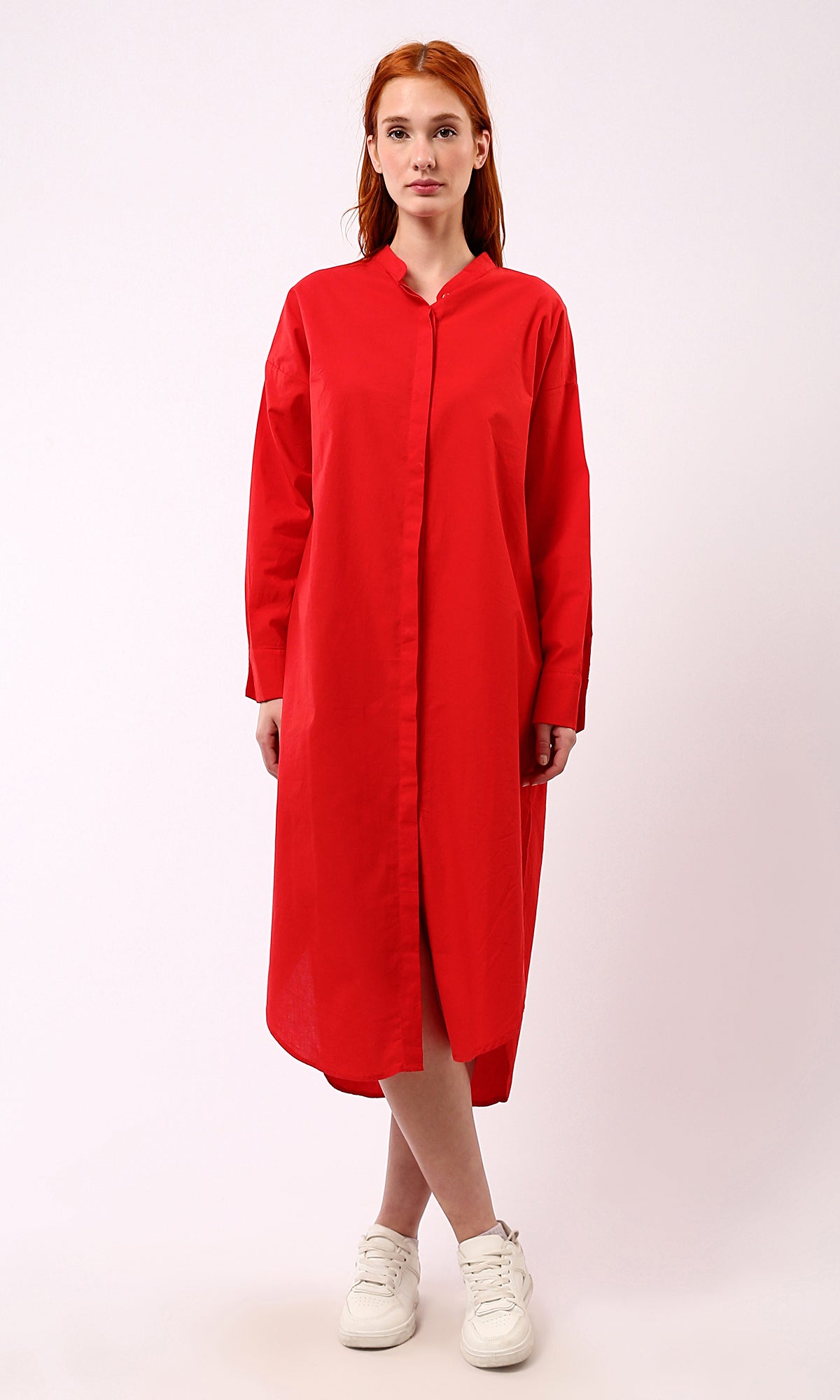 O179182 Long Sleeves Red Shirt Dress With Front Hidden Buttons