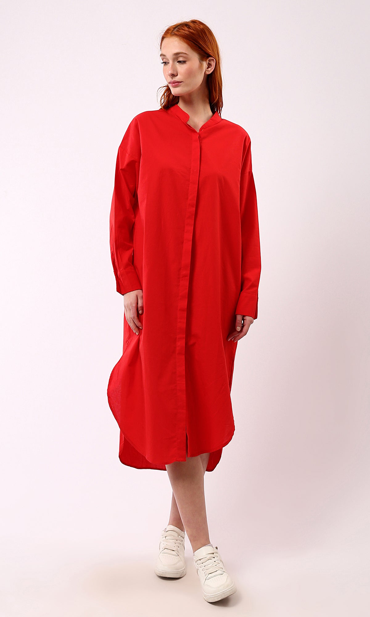O179182 Long Sleeves Red Shirt Dress With Front Hidden Buttons