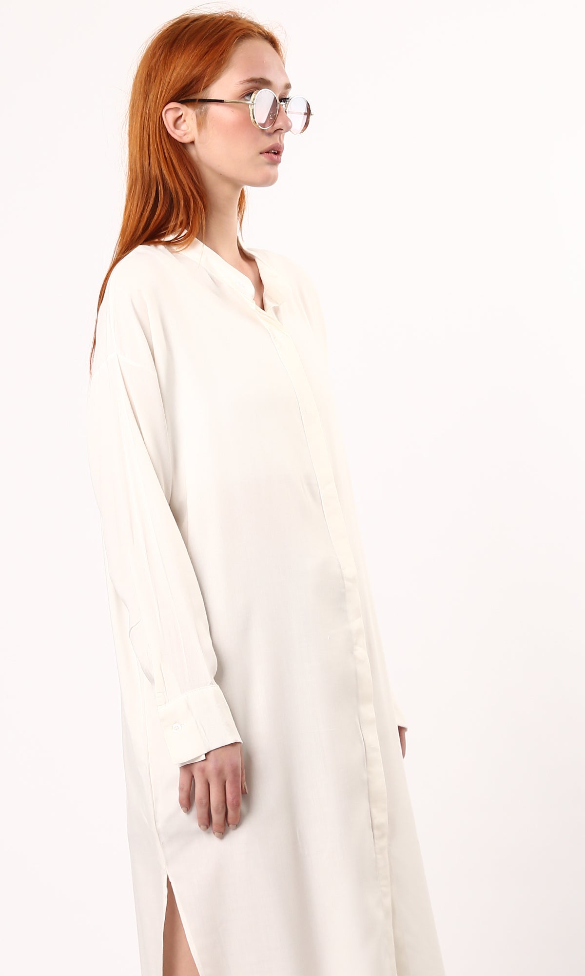 O179184 Ivory Long Shirt Dress With Mandarin Collar