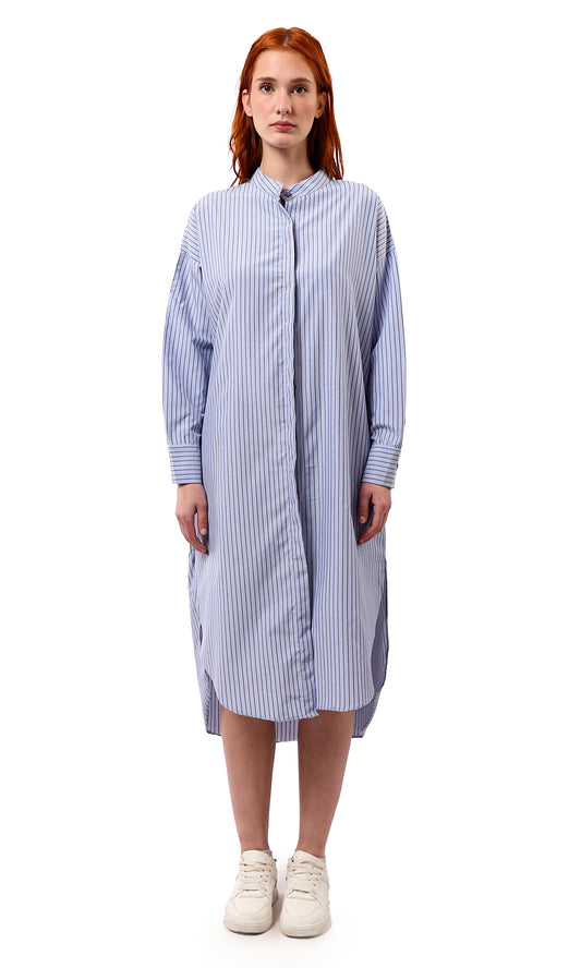 O179190 Light Blue Striped Shirt Dress With Mandarin Collar