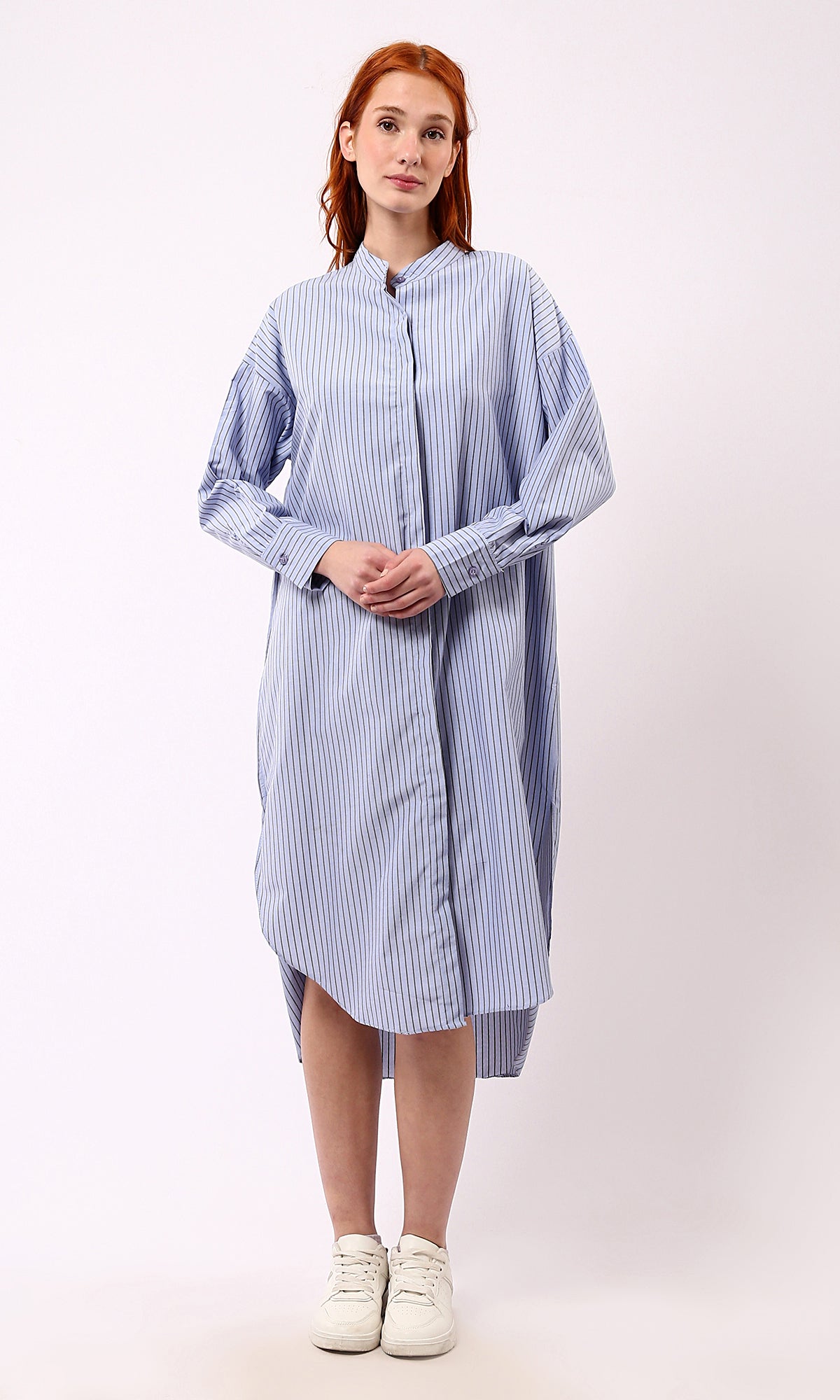 O179190 Light Blue Striped Shirt Dress With Mandarin Collar
