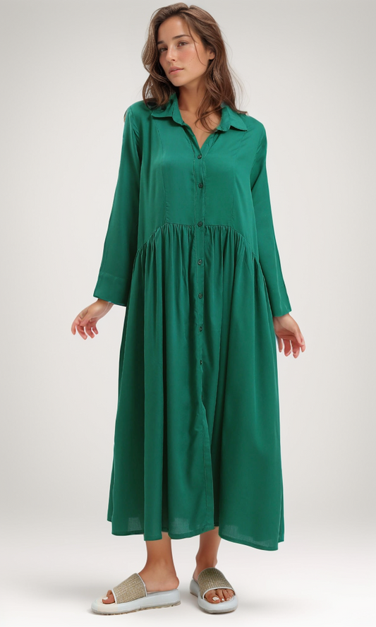 O179193 Long Sleeves Buttoned Green Shirt Dress