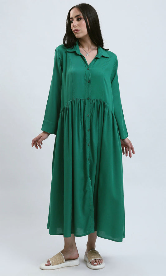O179193 Long Sleeves Buttoned Green Shirt Dress