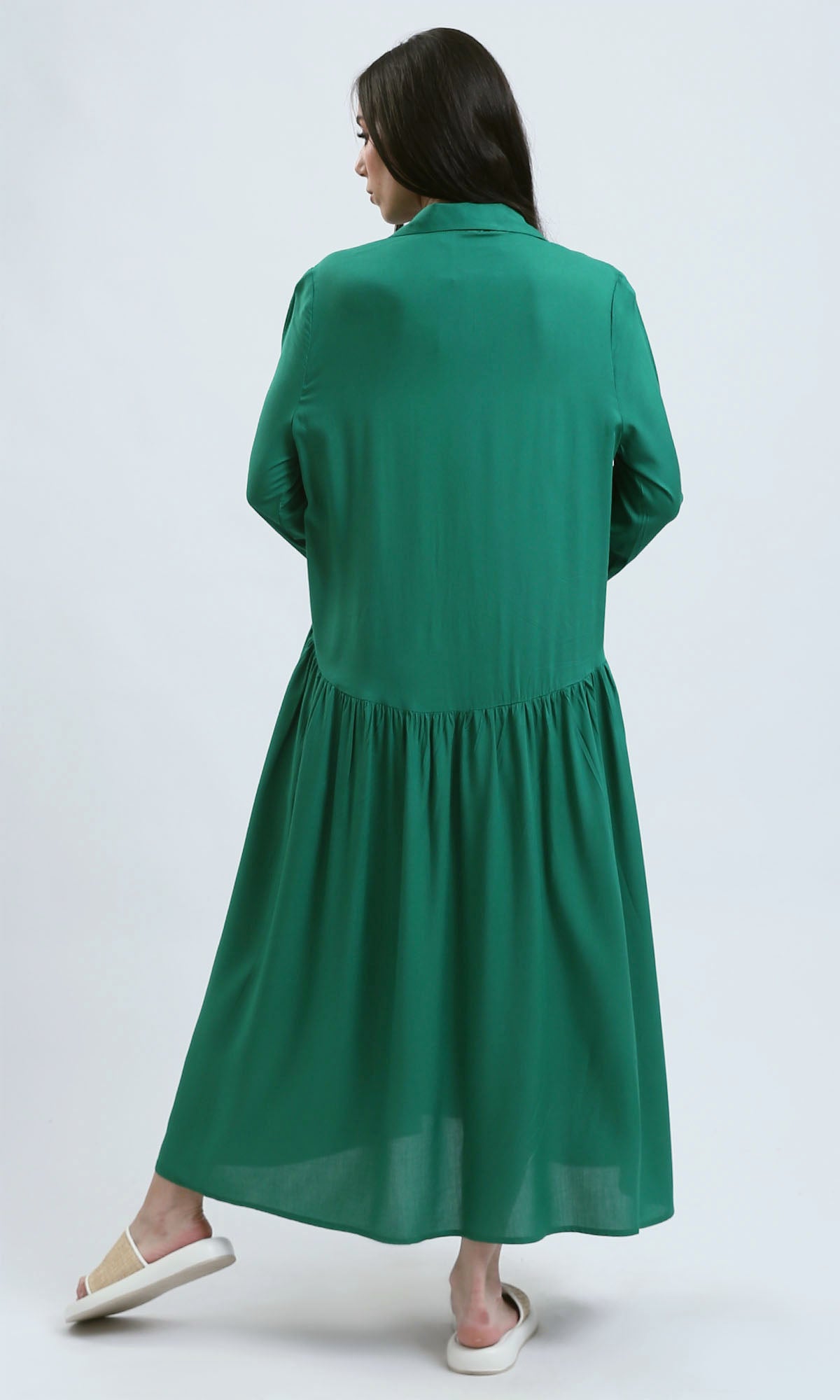 O179193 Long Sleeves Buttoned Green Shirt Dress