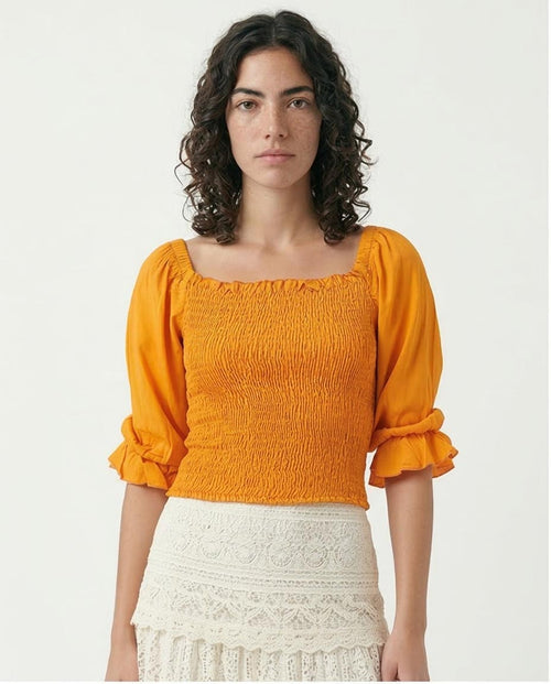 Ravin Smocked Square-Neck Blouse in Sunshine Orange - O179195
