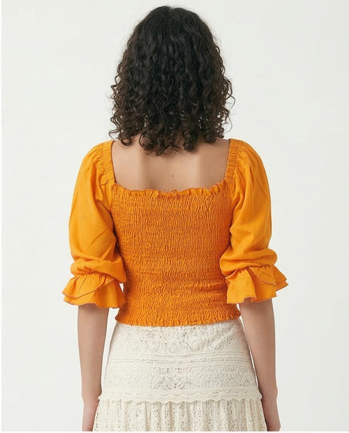 Ravin Smocked Square-Neck Blouse in Sunshine Orange - O179195