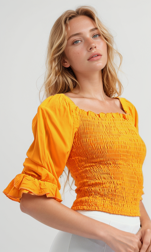 O179195 Cropped Ruffle Top Square Neck -Hot Orange