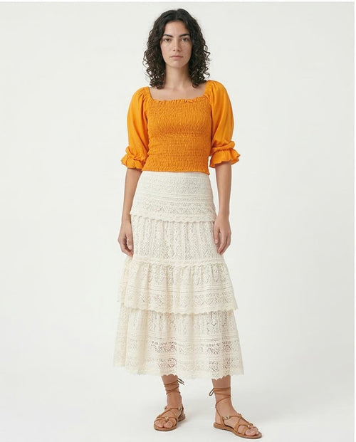 Ravin Smocked Square-Neck Blouse in Sunshine Orange - O179195