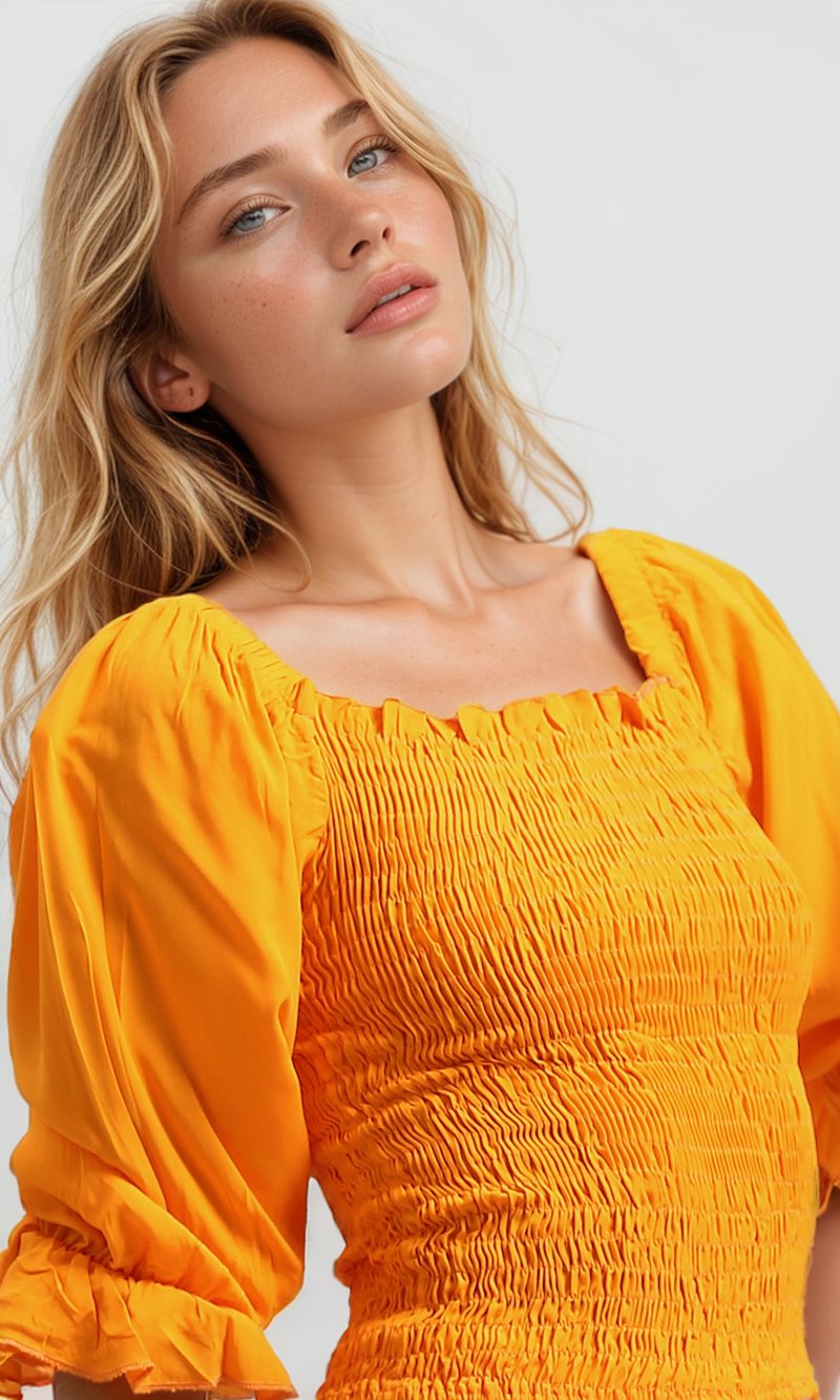 O179195 Cropped Ruffle Top Square Neck -Hot Orange