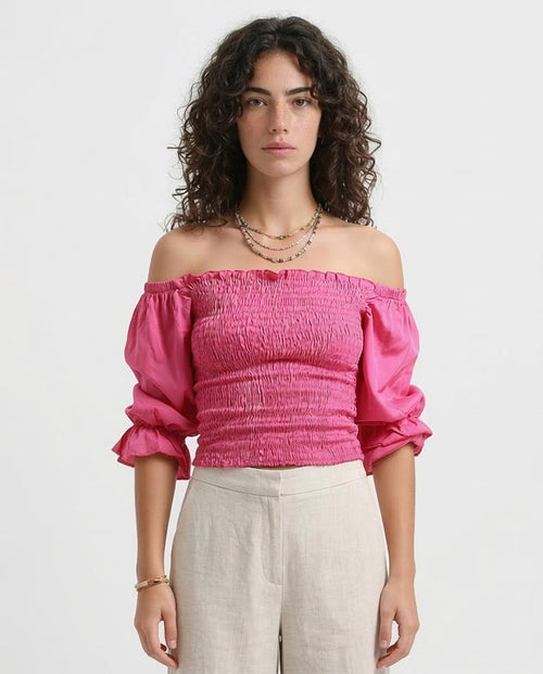 Ravin Women's Smocked Off-the-Shoulder Puff Sleeve Crop Top -Fushia - O179196