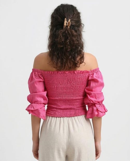 Ravin Women's Smocked Off-the-Shoulder Puff Sleeve Crop Top -Fushia - O179196