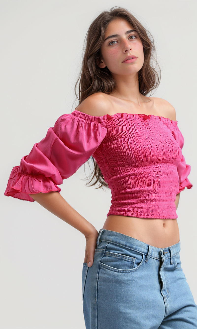 O179196 Square Neck Cropped Tops Long Sleeve -Fushia