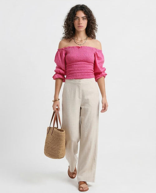 Ravin Women's Smocked Off-the-Shoulder Puff Sleeve Crop Top -Fushia - O179196