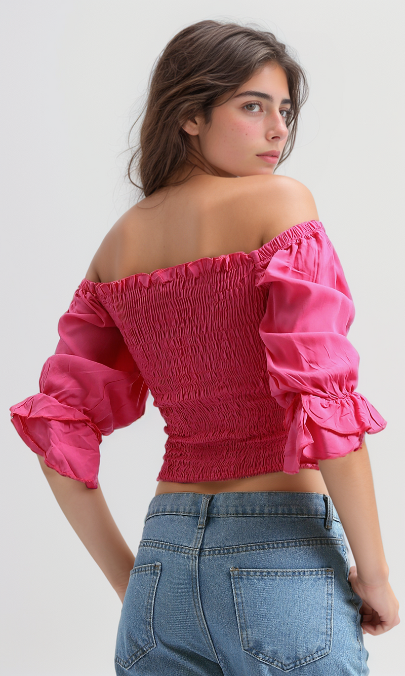 O179196 Square Neck Cropped Tops Long Sleeve -Fushia