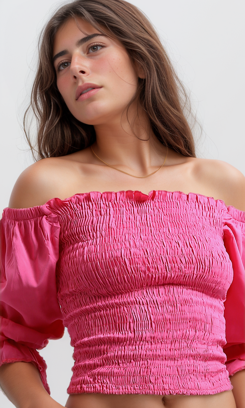 O179196 Square Neck Cropped Tops Long Sleeve -Fushia