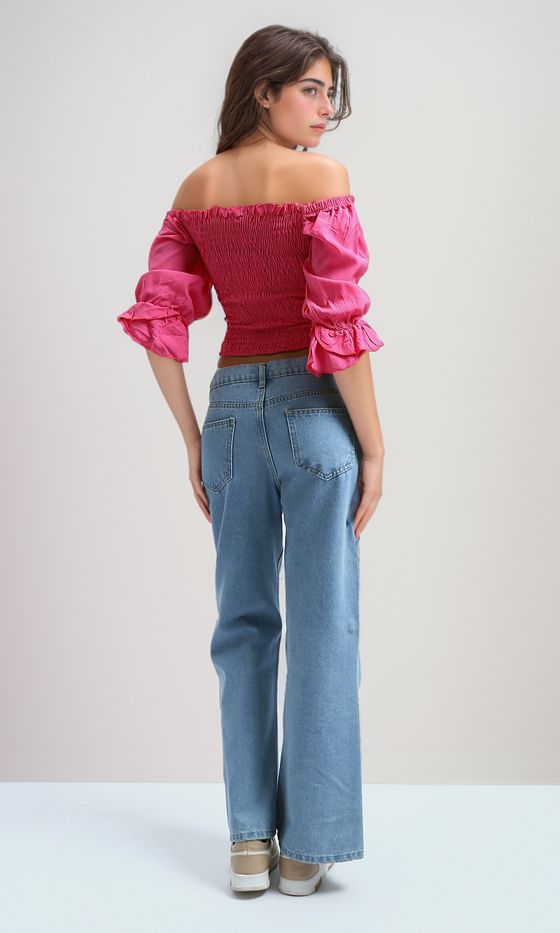 O179196 Square Neck Cropped Tops Long Sleeve -Fushia
