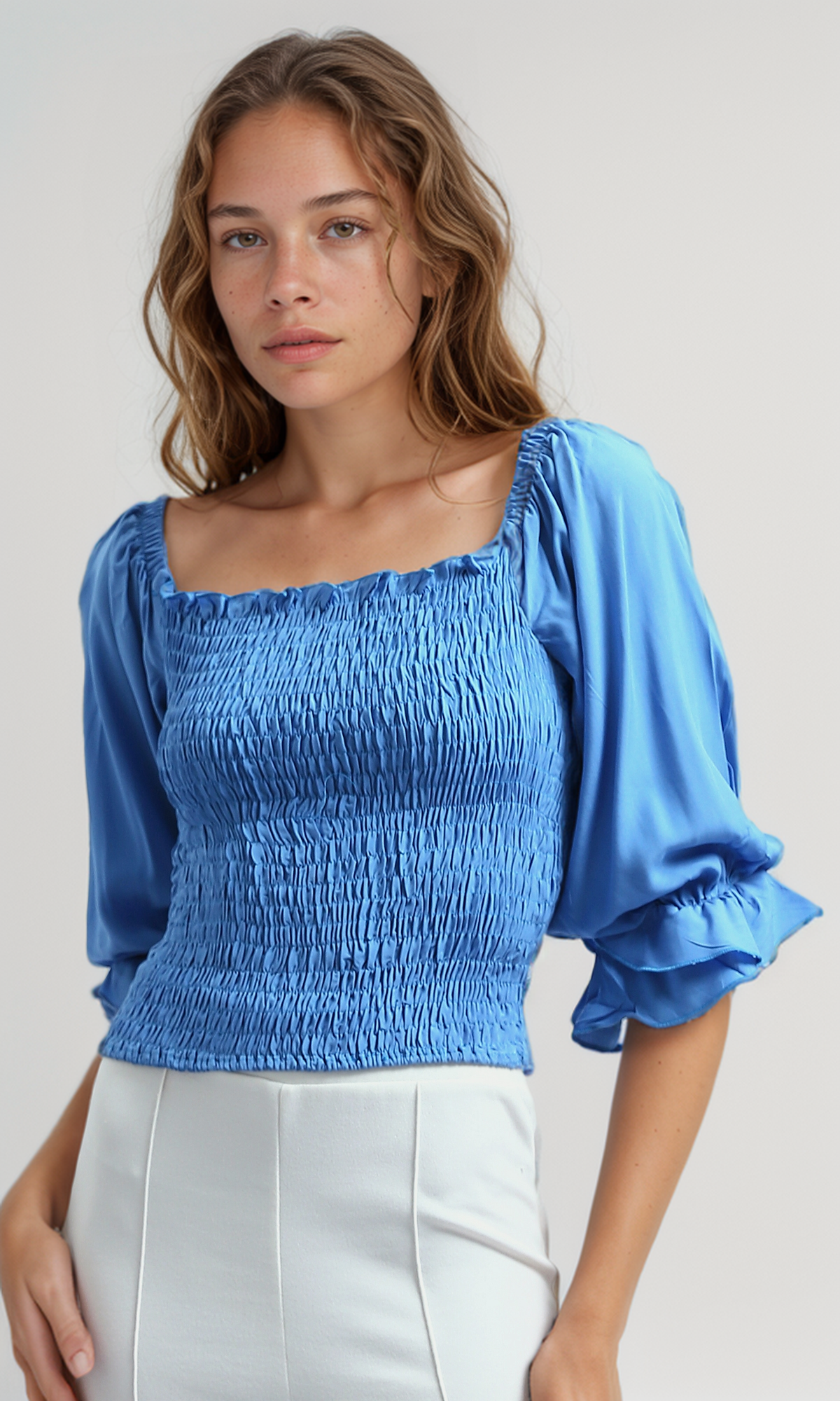 O179197 Off-Shoulders Feminine Turquoise Elastic Top