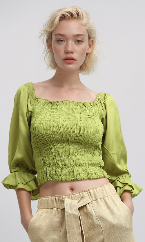 O179198  Cropped Ruffle Tops 3/4 Sleeve Square Neck -Light Green