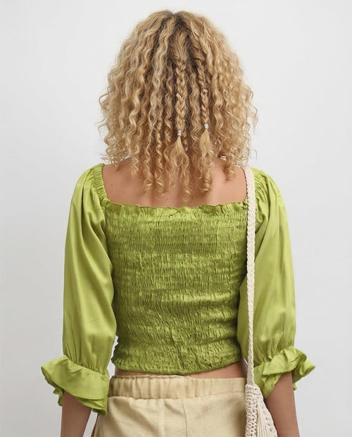 Ravin Chartreuse Smocked Bodice Blouse with Tiered Ruffle Cuffs -Light Green - O179198