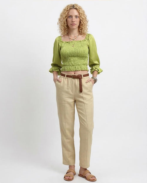 Ravin Chartreuse Smocked Bodice Blouse with Tiered Ruffle Cuffs -Light Green - O179198