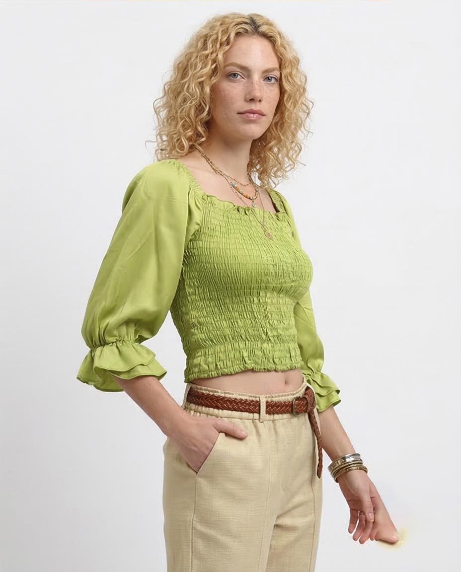Ravin Chartreuse Smocked Bodice Blouse with Tiered Ruffle Cuffs -Light Green - O179198