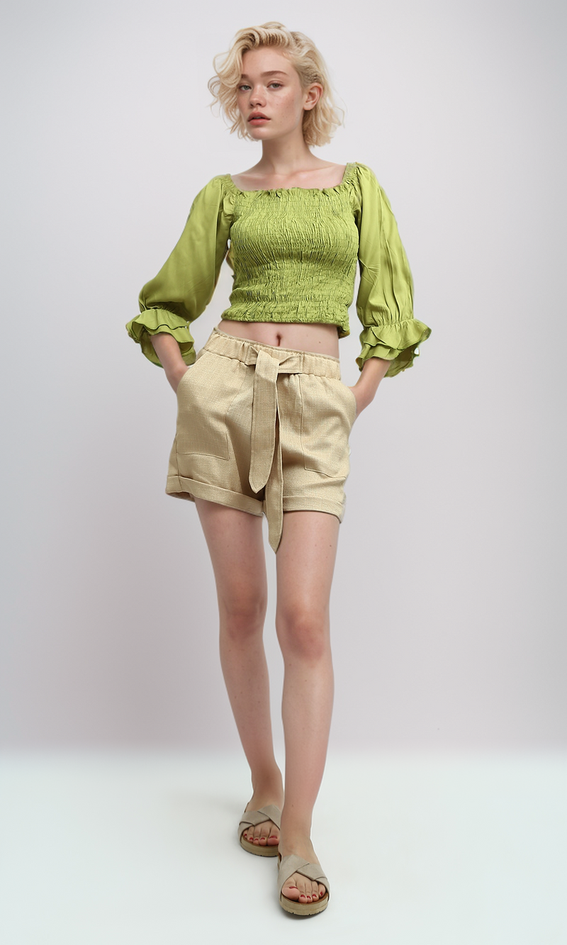 O179198  Cropped Ruffle Tops 3/4 Sleeve Square Neck -Light Green