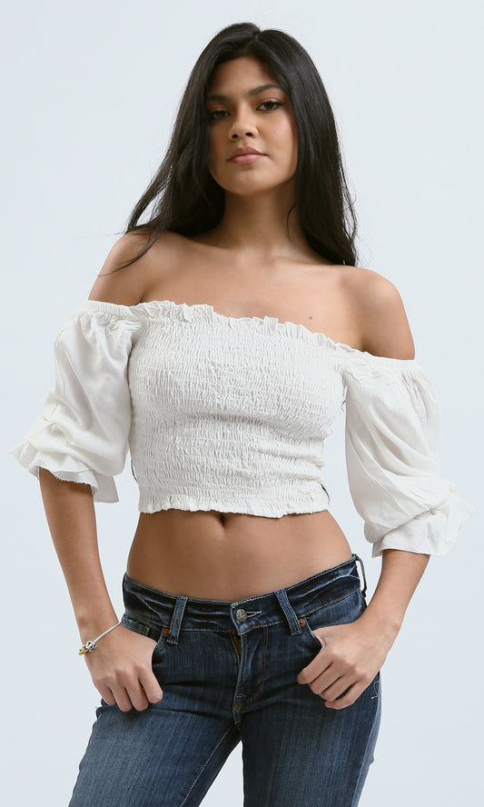 O179199 Off-Shoulders Feminine Off-White Elastic Top