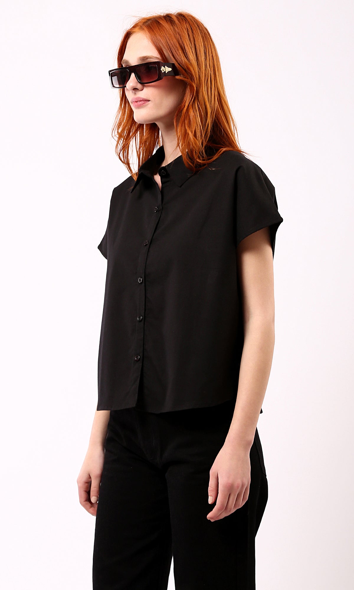 O179201 Summer Black Short Shirt With Turn Down Collar