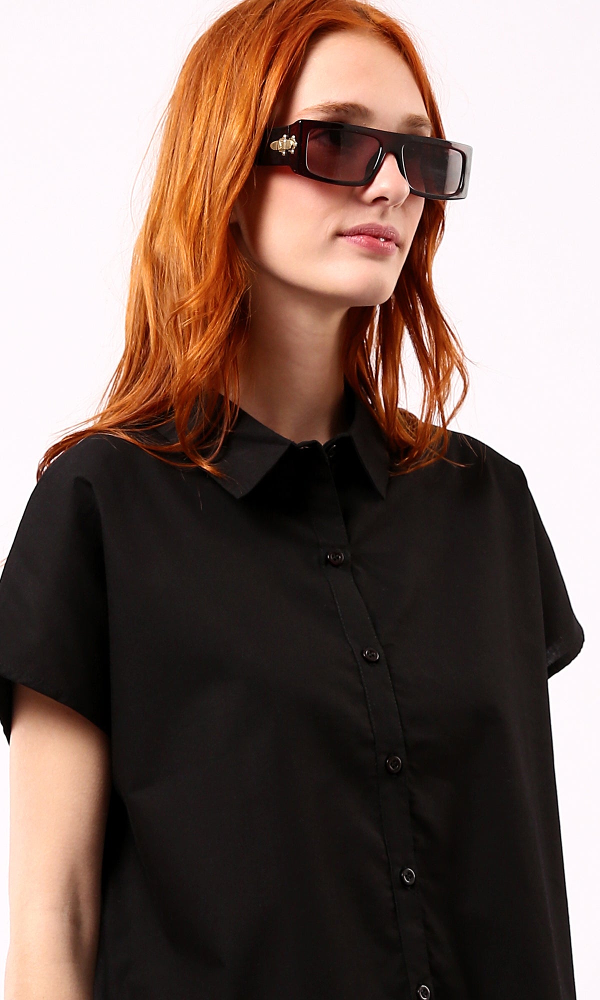 O179201 Summer Black Short Shirt With Turn Down Collar