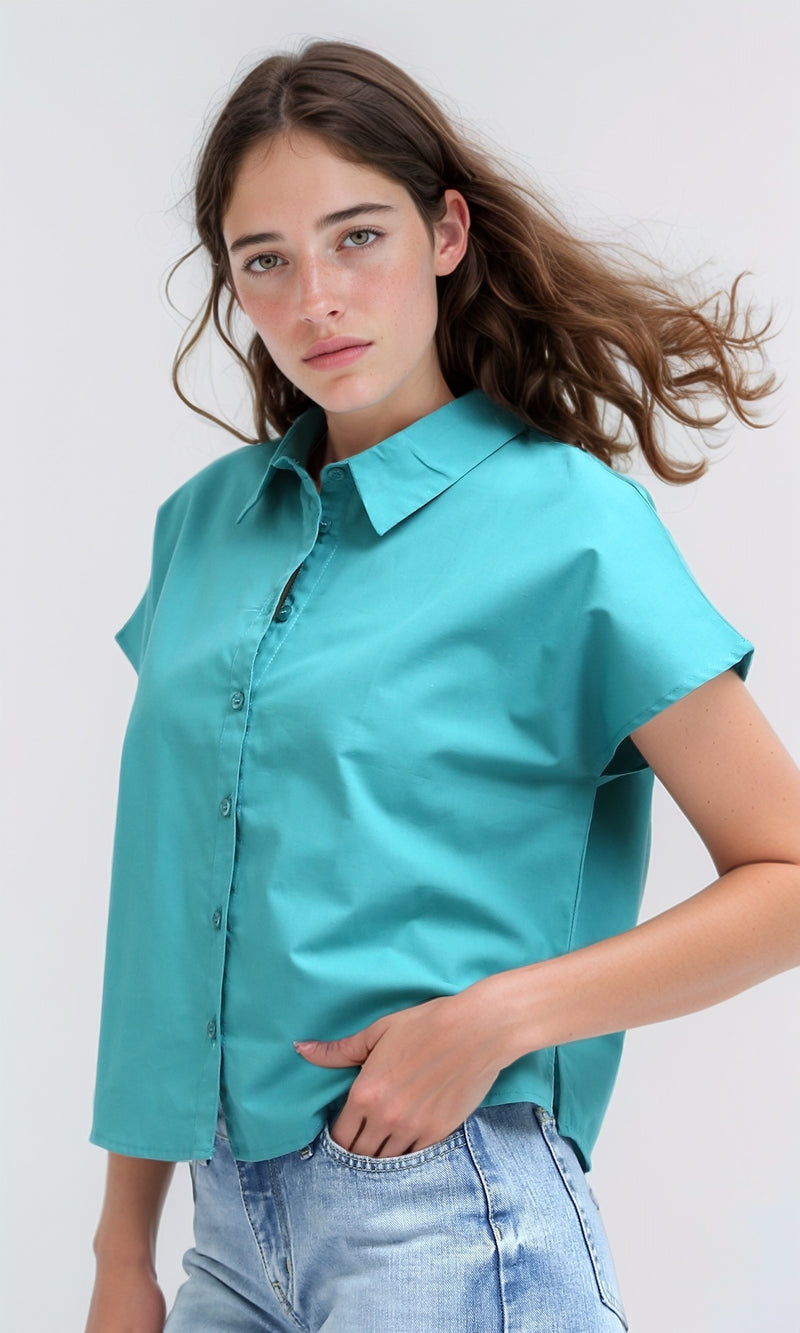 O179203  Short Sleeves Solid Shirt With Classic Collar - Terquoise